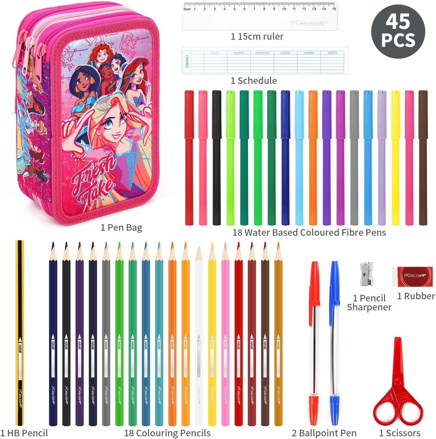 Disney Princess Pencil Case Large Stationery Set (45pcs)